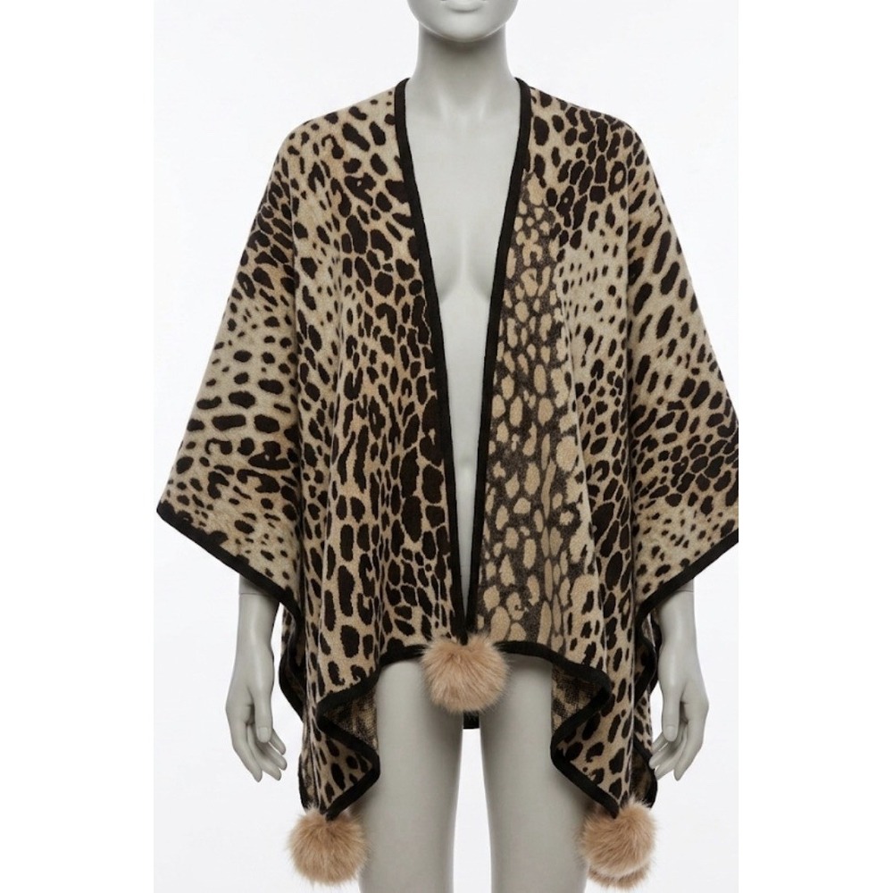Mitchie's Leopard Print Fox Fur Pom Pom Cape Poncho Mob Wife Tuscan Mom OS